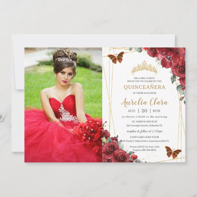 Invitación Moda Quinceañera Red Floral Gold Butterflies Foto (Anverso)