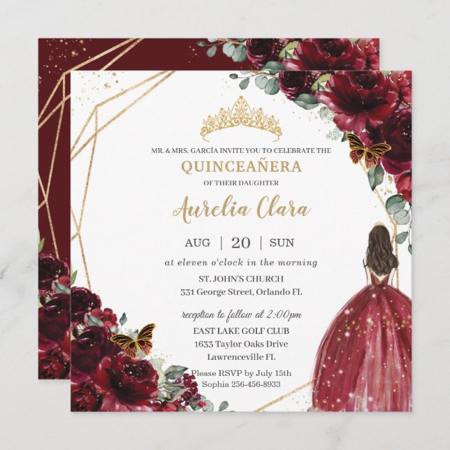 Invitación Moda Quinceañera Rich Burgundy Floral Roja Tiara (Anverso / Reverso)