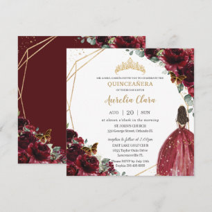 Invitación Moda Quinceañera Rich Burgundy Floral Roja Tiara