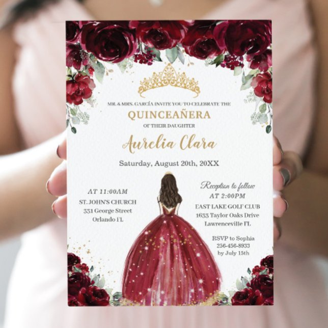 Invitación Moda Quinceañera Rich Burgundy Red Floral Princesa (Subido por el creador)