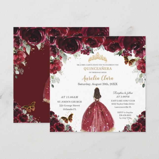 Invitación Moda Quinceañera Rich Burgundy Red Floral Princesa (Anverso / Reverso)