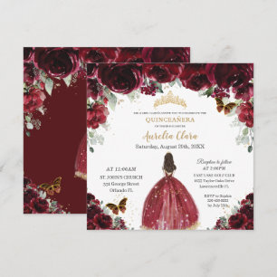 Invitación Moda Quinceañera Rich Burgundy Red Floral Princesa