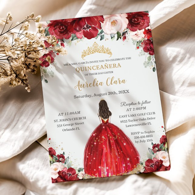 Invitación Moda Quinceañera Rojo Rosado Vestido Princesa Flor (Subido por el creador)