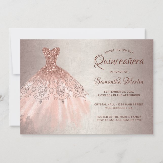 Invitación Moda Quinceanera Rosa Purpurina de oro Fiesta (Anverso)
