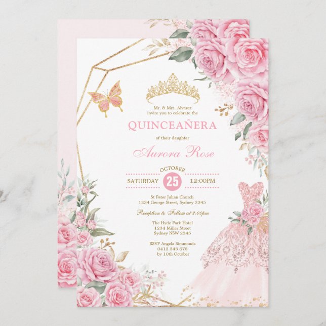 Invitación Moda Quinceañera Rosas de oro rosado Princesa de l (Anverso / Reverso)