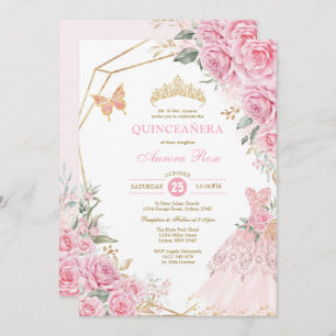 Invitación Moda Quinceañera Rosas de oro rosado Princesa de l