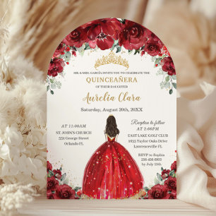 Invitación Moda Quinceañera Rosas florales rojas Princesa Arc