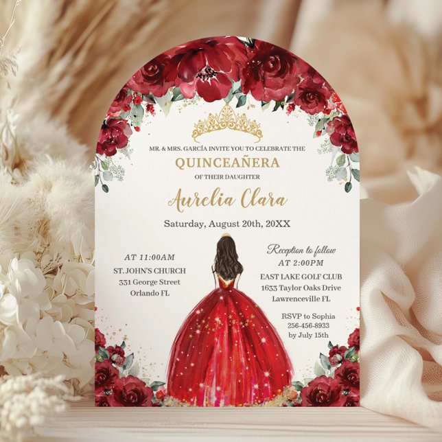 Invitación Moda Quinceañera Rosas florales rojas Princesa Arc (Subido por el creador)