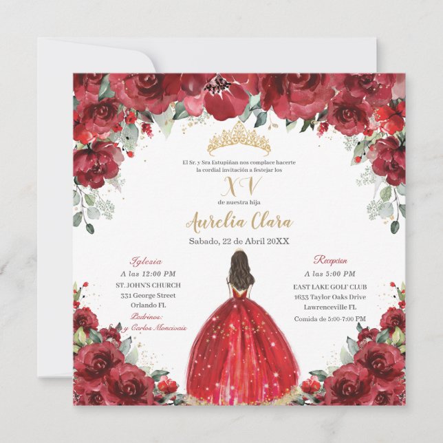 Invitación Moda Quinceañera Rosas florales rojas Princesa Oro (Anverso)