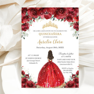 Invitación Moda Quinceañera Rosas Red Floral Princesa Tiara