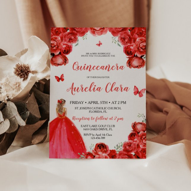 Invitación Moda Quinceañera Rosas Red Floral Princesa Tiara (Subido por el creador)