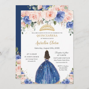 Invitación Moda Quinceañera Royal Blue Rubor Floral Princess