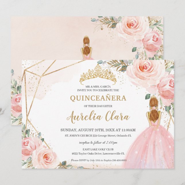 Invitación Moda Quinceañera Rubor Floral rosa Tiara Cumpleaño (Anverso / Reverso)