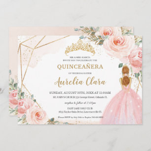 Invitación Moda Quinceañera Rubor Floral rosa Tiara Cumpleaño