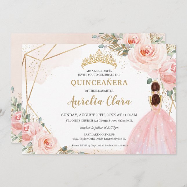 Invitación Moda Quinceañera Rubor Floral rosa Tiara Cumpleaño (Anverso / Reverso)