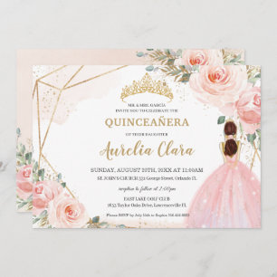 Invitación Moda Quinceañera Rubor Floral rosa Tiara Cumpleaño