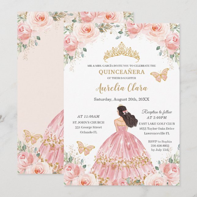 Invitación Moda Quinceañera Rubor Princesa de Oro Floral Rosa (Anverso / Reverso)