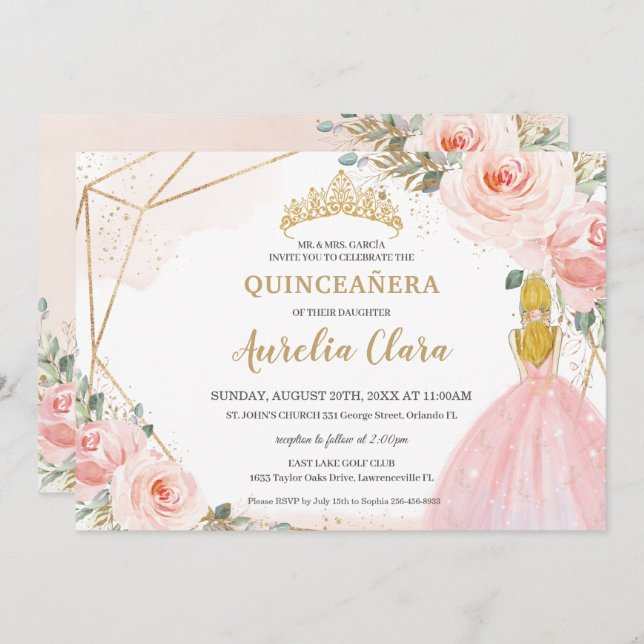 Invitación Moda Quinceañera Rubor Sonora Floral Rosa 15 Anos (Anverso / Reverso)