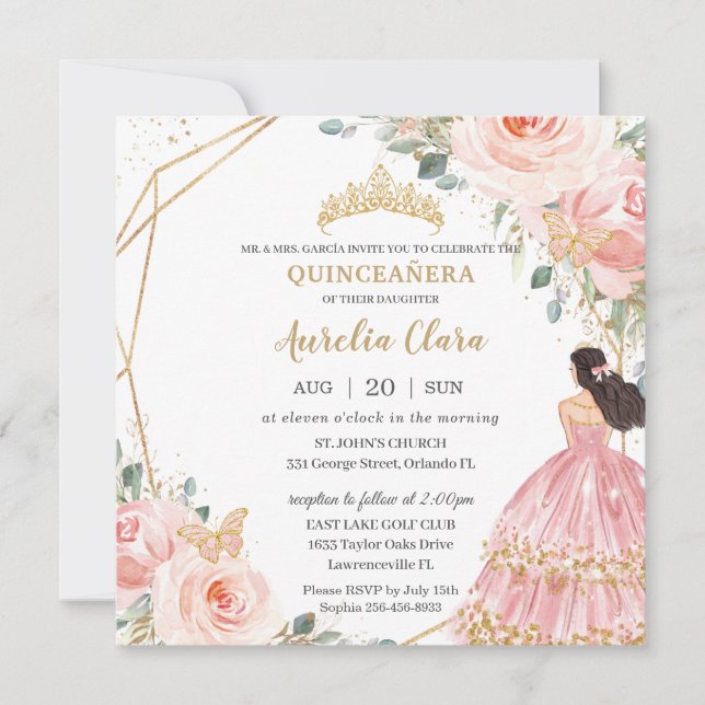 Invitación Moda Quinceañera Rubor suave princesa floral rosa (Anverso)