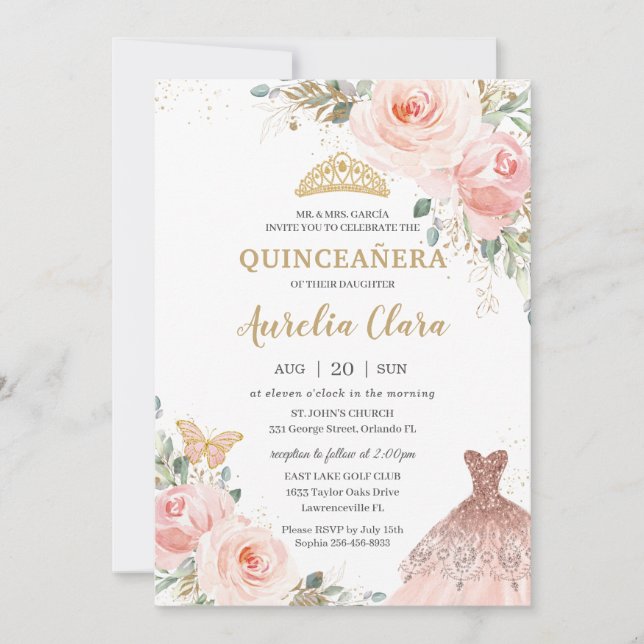 Invitación Moda Quinceañera Rubor Vestido Floral Rosa Cumplea (Anverso)