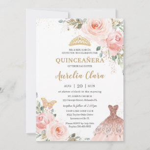 Invitación Moda Quinceañera Rubor Vestido Floral Rosa Cumplea