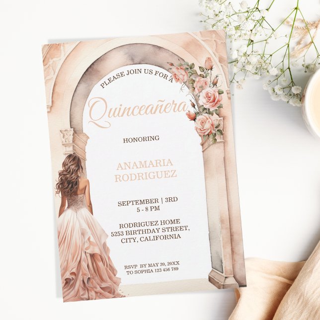 Invitación Moda Quinceañera Rubor Vestir Arco Floral (Subido por el creador)