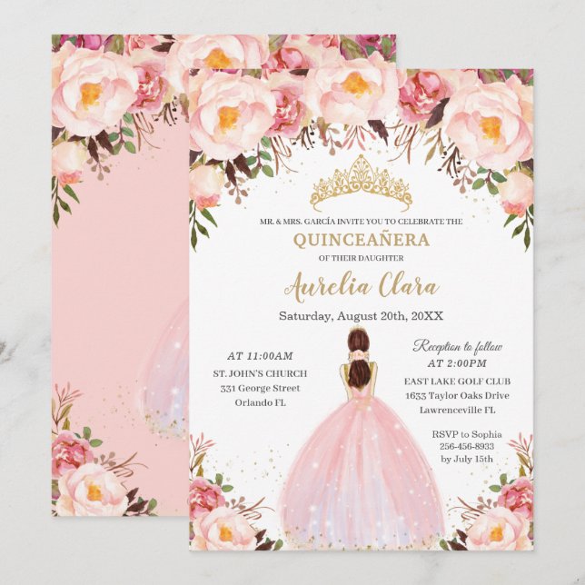 Invitación Moda Quinceañera Soft Rubor Floral Princesa (Anverso / Reverso)