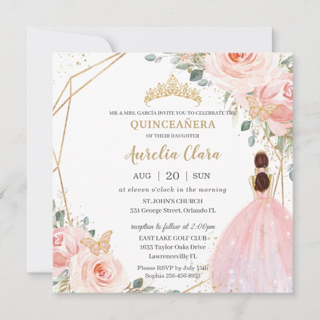 Invitación Moda Quinceañera Soft Rubor Floral rosa Tiara (Anverso)