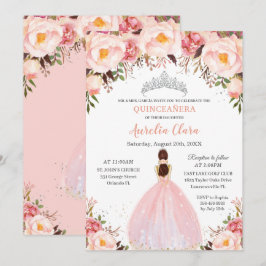 Invitación Moda Quinceañera suave Rubor Floral Princesa Plata