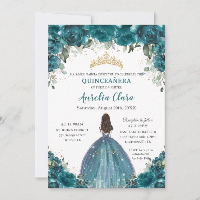 Invitación Moda Quinceañera Verde azulada Corona de princesas (Anverso)