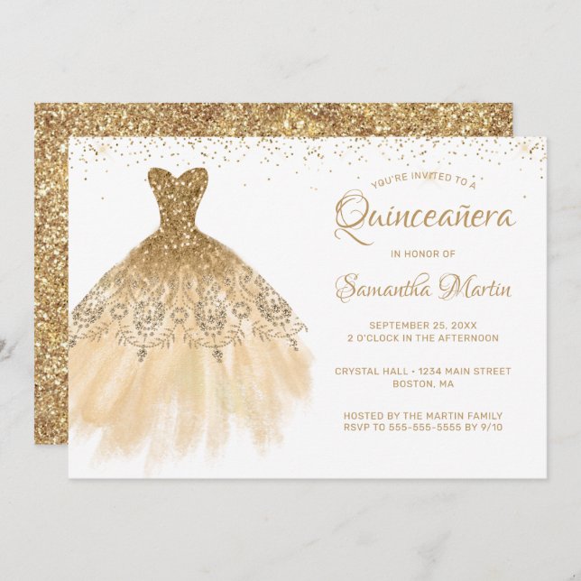 Invitación Moda Quinceanera Vestido de Oro Purpurina Fiesta B (Anverso / Reverso)