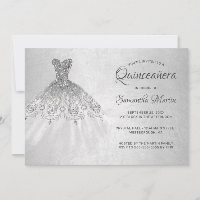 Invitación Moda Quinceañera vestido de plata con Fiesta plate (Anverso)