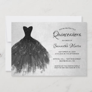 Invitación Moda Quinceanera: Vestido negro en Fiesta plateado
