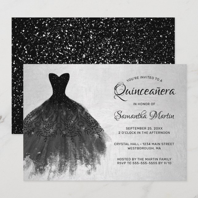 Invitación Moda Quinceanera Vestido negro Fiesta de vidrio pl (Anverso / Reverso)