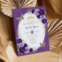 Moda Quinceañera Violet Gold Flower Butterfly
