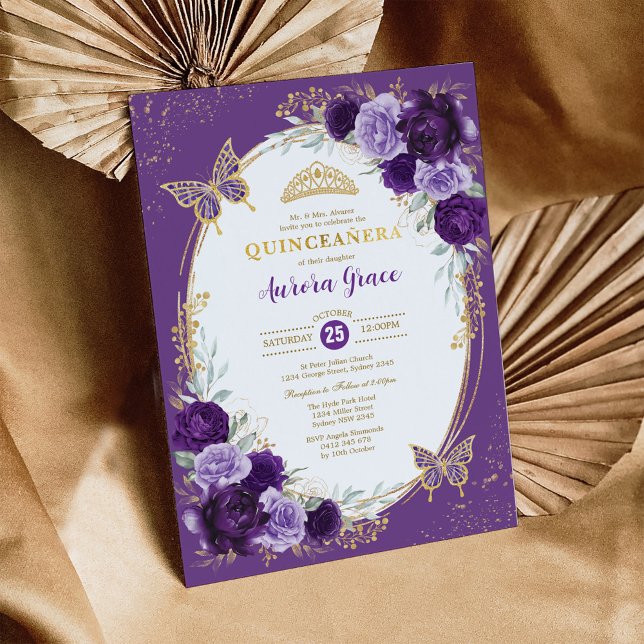 Invitación Moda Quinceañera Violet Gold Flower Butterfly (Subido por el creador)