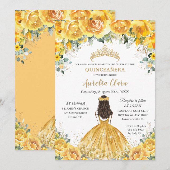 Invitación Moda Quinceañera Yellow Floral Princess Birthday (Anverso / Reverso)