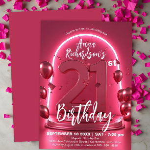 Invitación Moda radiante Neon Pink 21º cumpleaños con globos