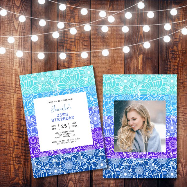 Invitación Moda Rainbow Blue Stripes Floral Photo Birday (Subido por el creador)