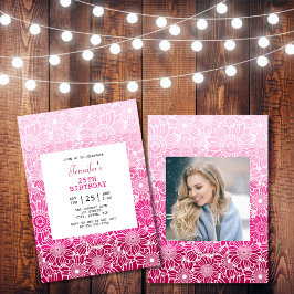 Invitación Moda Rainbow Pink Stripes Floral Photo Birday