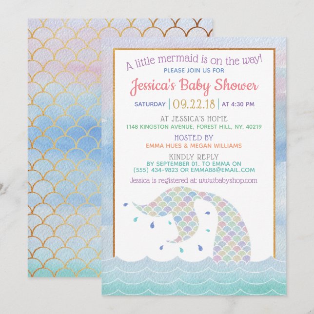 Invitación Moda Rainbow Watercolor Mermaid Baby Shower (Anverso / Reverso)