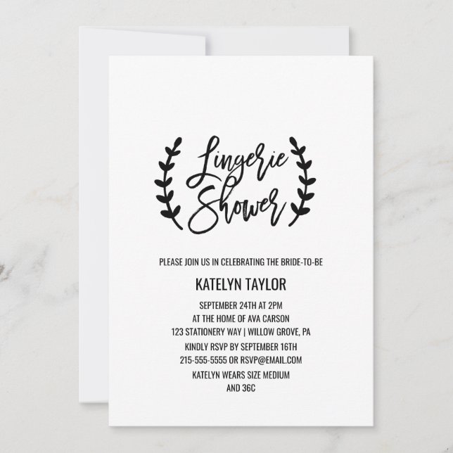 Invitación Moda Ramas de Olivo Blanco Negro Ducha de lencería (Anverso)