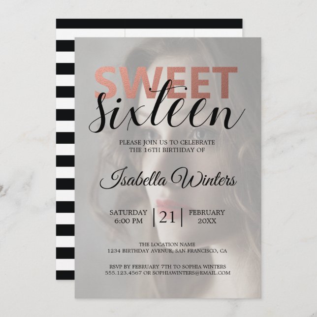 Invitación Moda Rayas blancas negras dulces rosados 16 Foto (Anverso / Reverso)