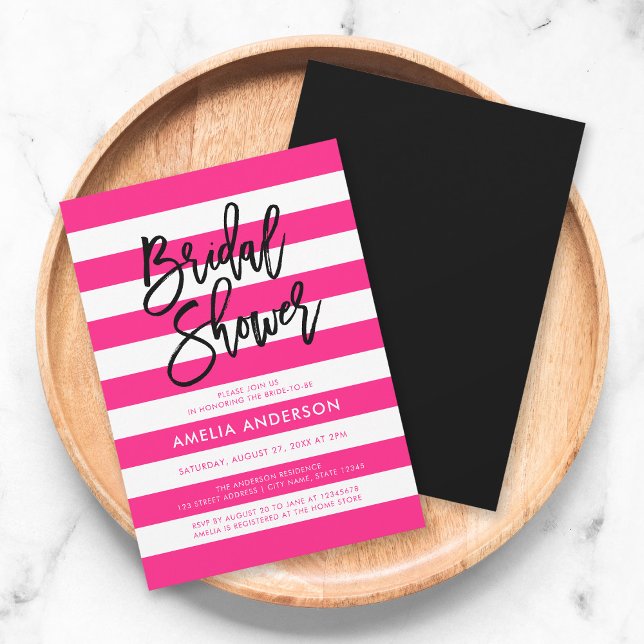 Invitación Moda rayas rosadas y blancas ducha de novia negra (Subido por el creador)