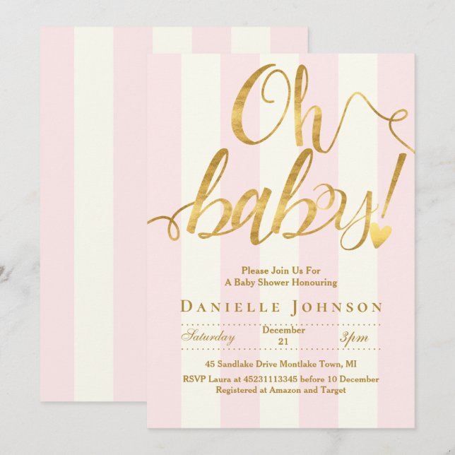 Invitación Moda rayas rosas y Relieve metalizado dorado ducha (Anverso / Reverso)