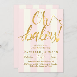 Invitación Moda rayas rosas y Relieve metalizado dorado ducha