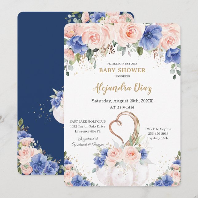 Invitación Moda Real Azul Rubor Floral Calabaza Baby Shower (Anverso / Reverso)