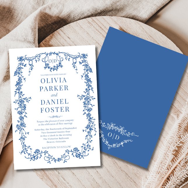 Invitación Moda Real Azul Victoriano Boda francés Monograma (Subido por el creador)