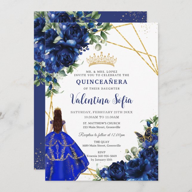 Invitación Moda Real Floral Azul Princesa Oro Quinceañera (Anverso / Reverso)
