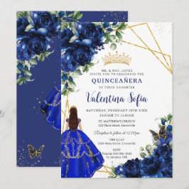 Invitación Moda Real Floral Azul Princesa Oro Quinceañera